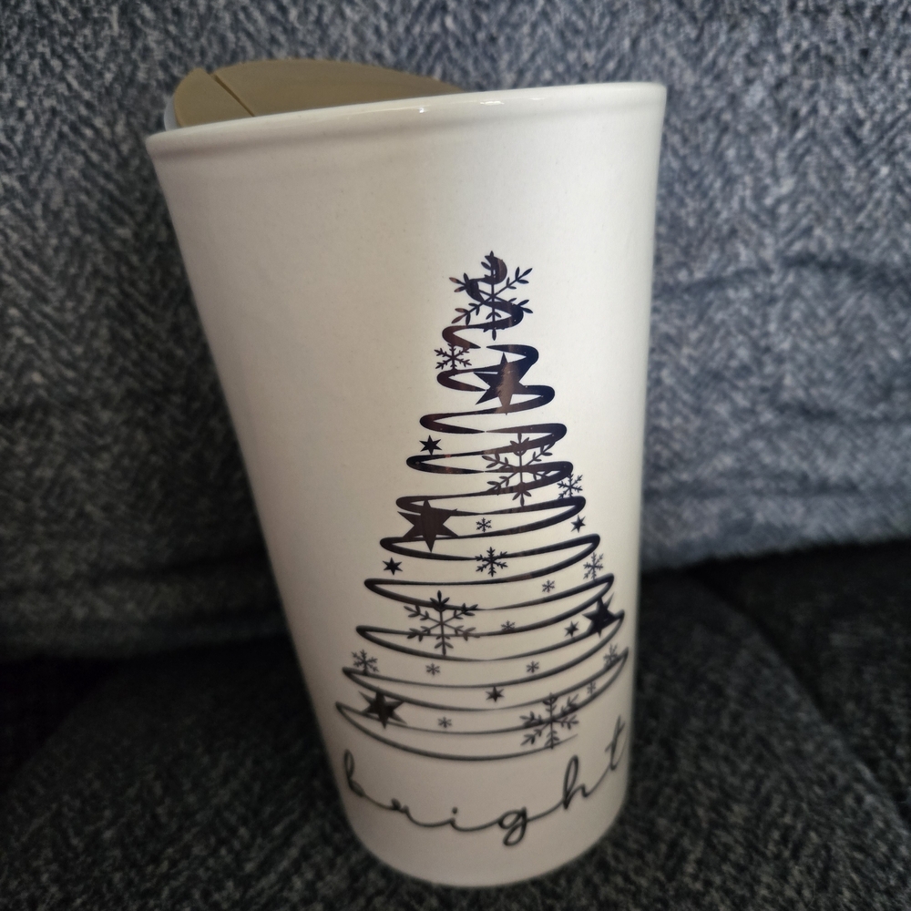 Brand New White Travel Mug with Gold Christmas Tree Design